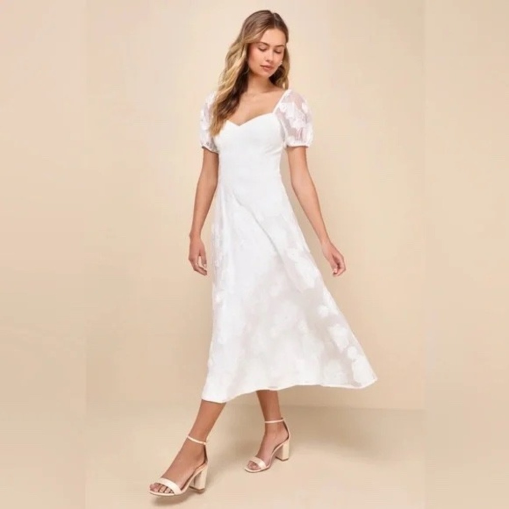 Lulu's White Puff Sleeve Midi Dress